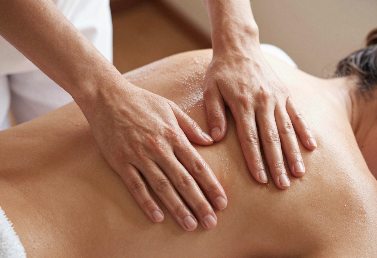 Mains réalisant un massage californien sur le dos