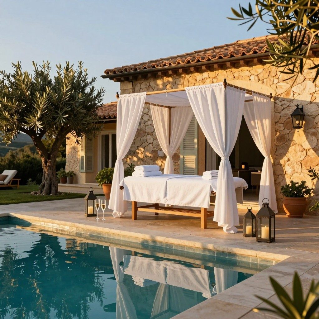 Espace spa à baldaquin au bord de la piscine d'une bastide provençale