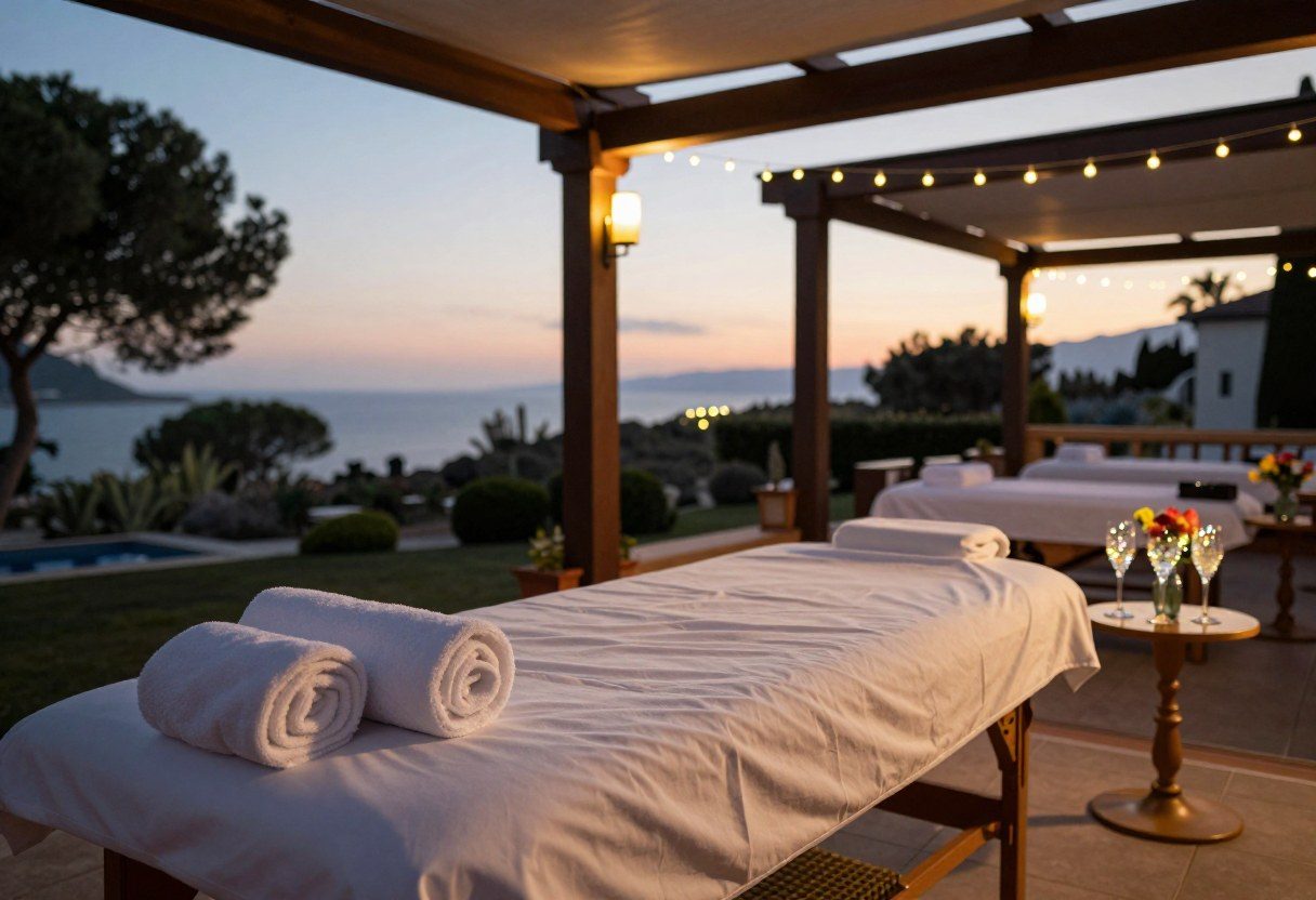 Table de massage face à la mer avec coupes de champagne, prestation de prestige